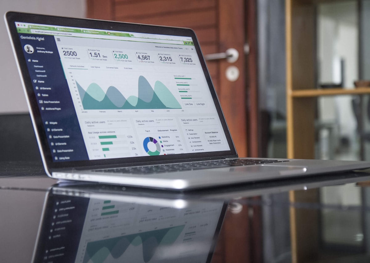 Data analytics charts and reports on a laptop