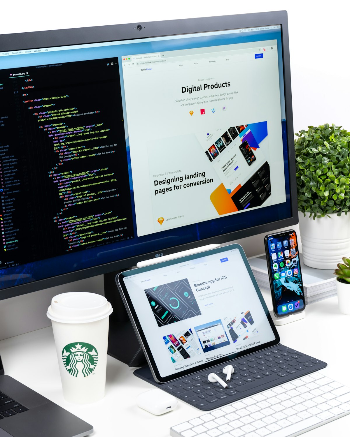 Developer building a web application on screen